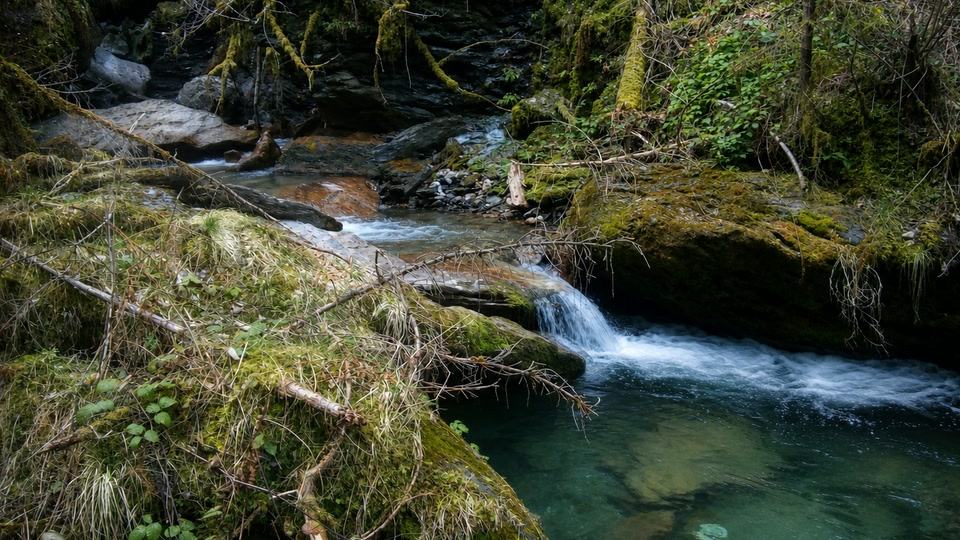 Ein Bach, der über Steine läuft und sich seinen Weg durch bewachsenes Ufer sucht.